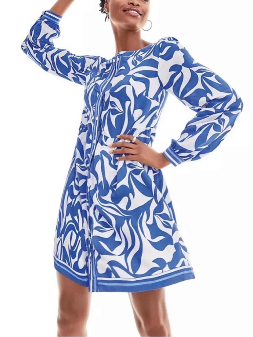 Loft Blue & White Printed Long-Sleeve A-Line Dress Sz M